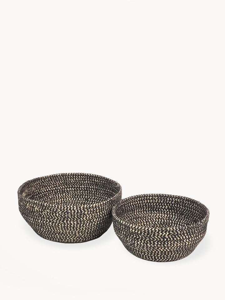 Set of 2 black glitter catch all baskets with golden yarn mesh, handcrafted versatile storage for fruit, keys, and household items.