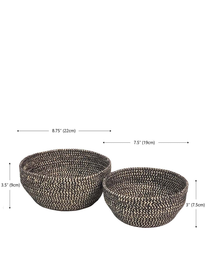 Black glitter catch all baskets set of 2 with golden yarn mesh, perfect for organizing household items, fruit, and keys.