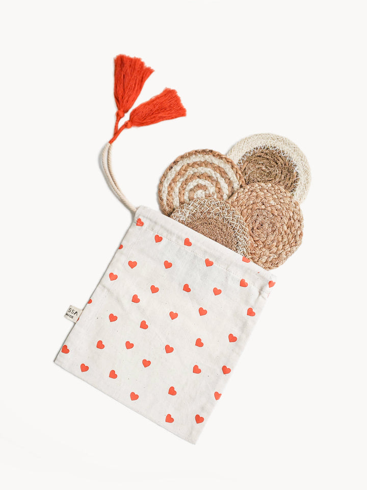 Natural Coaster Gift Set with Heart Pouch