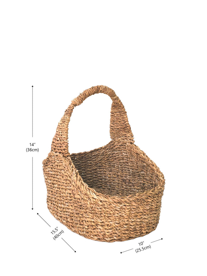 Savar Picnic Basket in natural seagrass with dimensions 14" x 15.5" x 10", showcasing its clean lines and natural texture.
