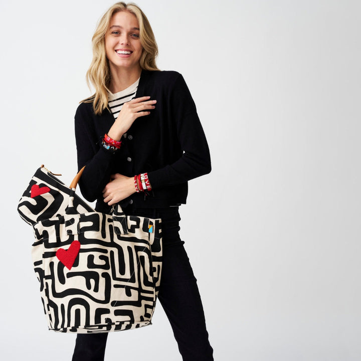 XLarge Convertible Pouch | Black Kuba With Red Beaded Heart