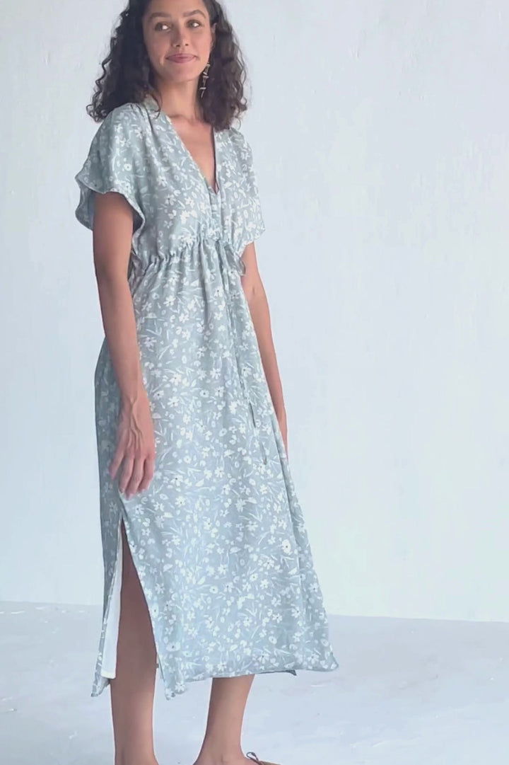 Gathered Maxi Dress | Light Blue Florals