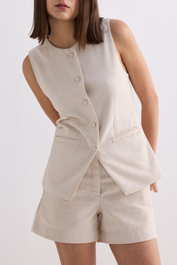 Cotton Tweed Vest Jacket Set | Cream