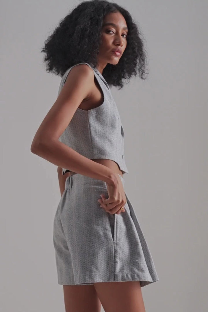Cropped Cotton Tweed Vest Set | Grey