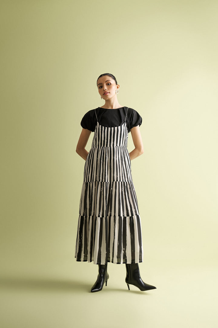 Strappy Tiered Maxi Dress - Black Stripes