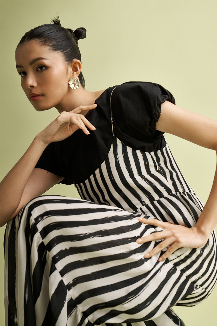 Strappy Tiered Maxi Dress - Black Stripes