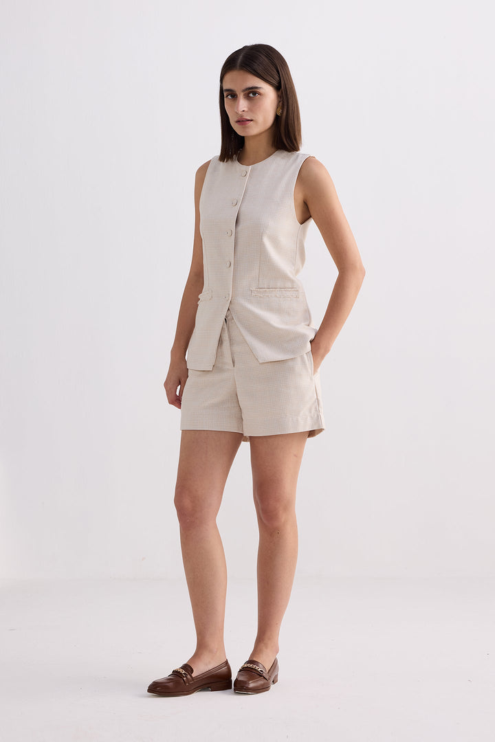 Cotton Tweed Vest Jacket Set | Cream