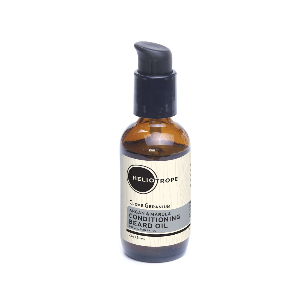 Argan & Marula Conditioning Beard Oil 2 oz bottle with Clove Geranium scent for healthy, shiny facial hair and mustache.