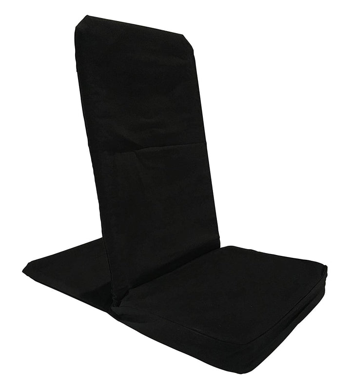 Folding meditation chair with back support, black color, lightweight and portable for comfort and convenience in various activities.