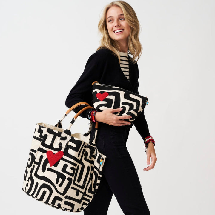 XLarge Convertible Pouch | Black Kuba With Red Beaded Heart