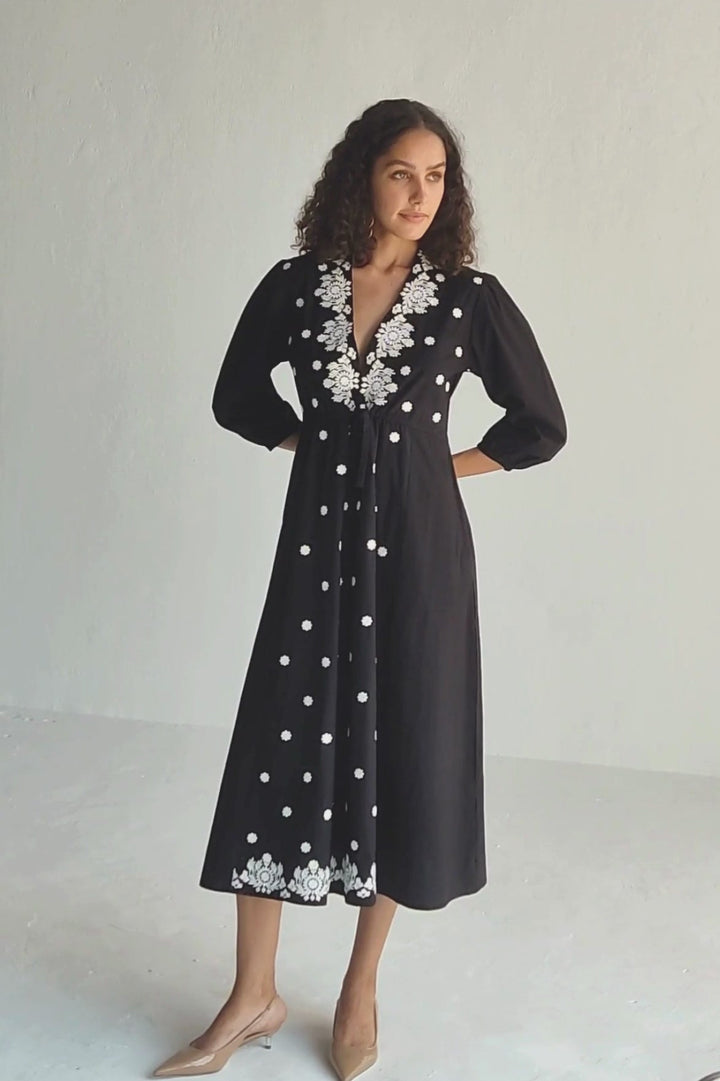 Drawstring Embroidered Dress | Black