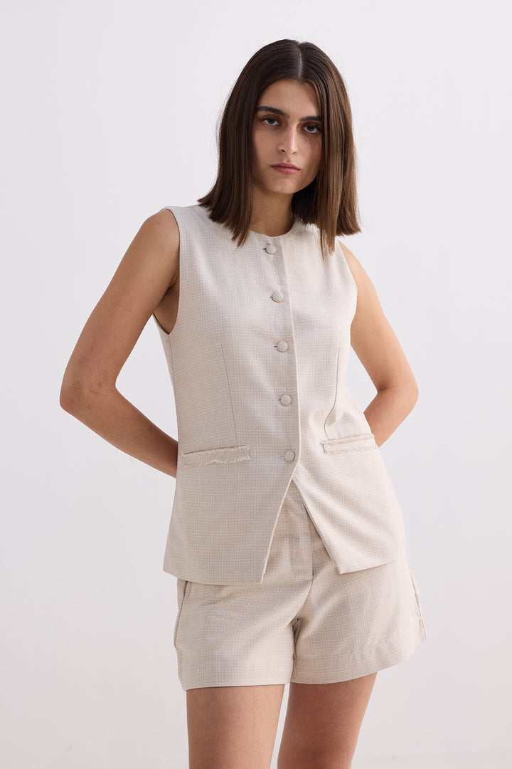 Cotton Tweed Vest Jacket Set | Cream