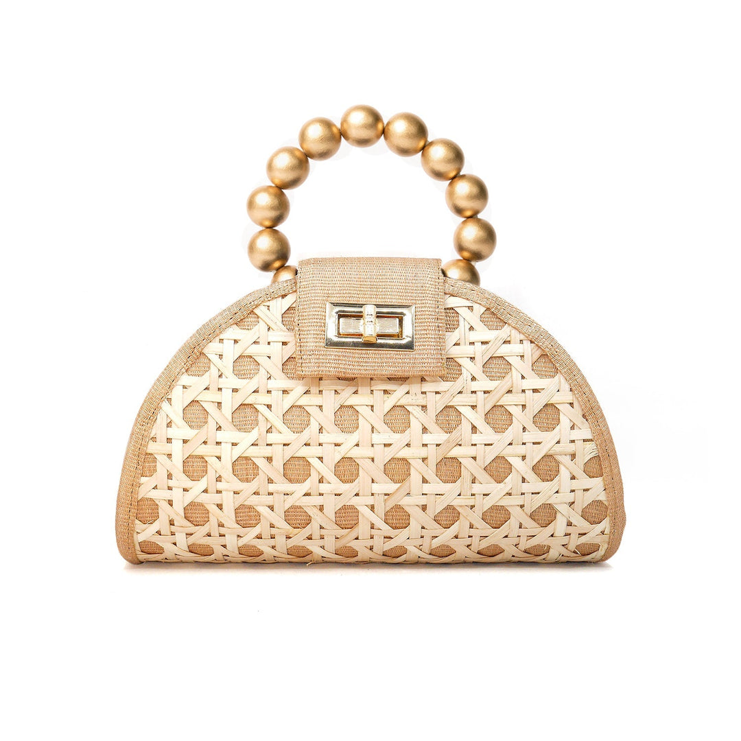 The Bella - A Tan & Gold Rattan Woven Handbag