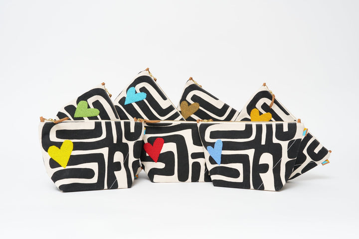 XLarge Convertible Pouch | Black Kuba With Red Beaded Heart