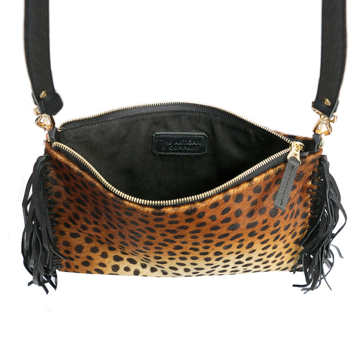 Leopard-Print Calf-Hair Fringe Clutch Bag