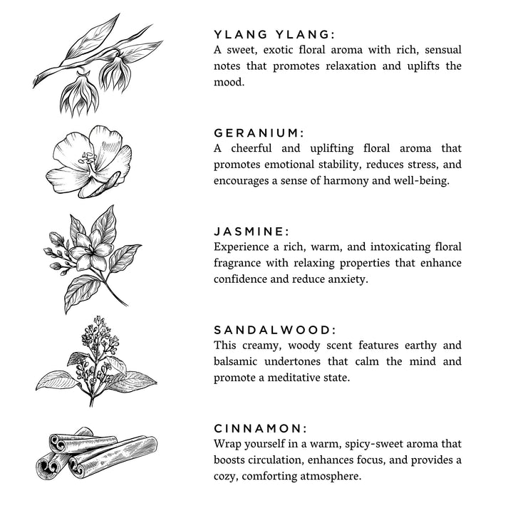 Illustrations of essential oils: Ylang Ylang, Geranium, Jasmine, Sandalwood, and Cinnamon with descriptions of their aromatic benefits.