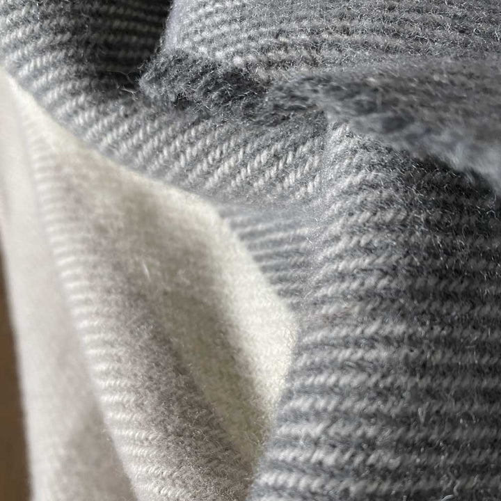 Close-up of a soft, breathable lambswool Namaste blanket in a calming neutral palette, highlighting texture and design details.