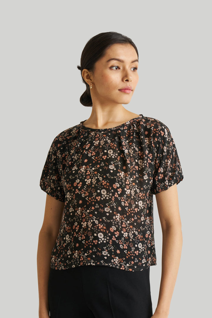 Balloon Sleeve Top - Black Florals