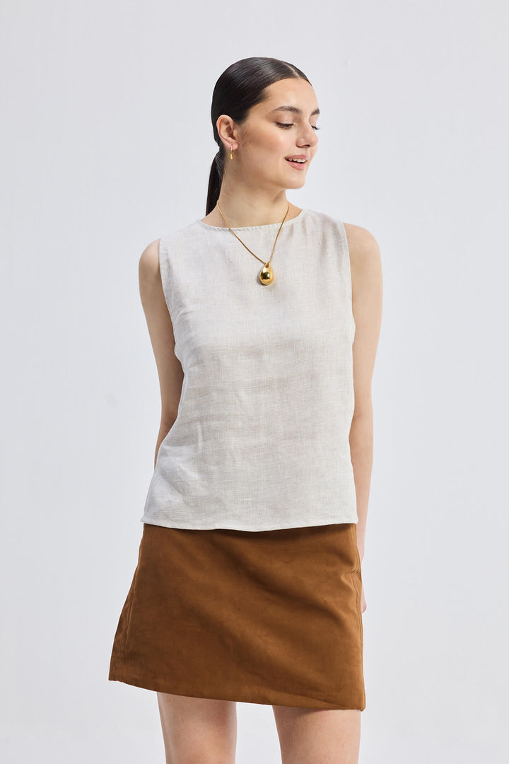Boat Neck Top | Checkered Linen