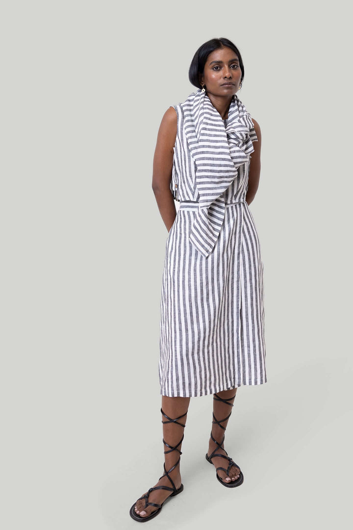 Overlap Midi Skirt - Linen Stripes
