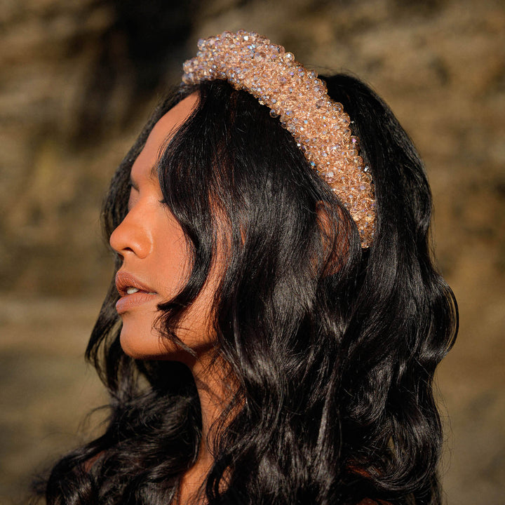 Crown Glass Crystal Beads Headband - Champagne Beige