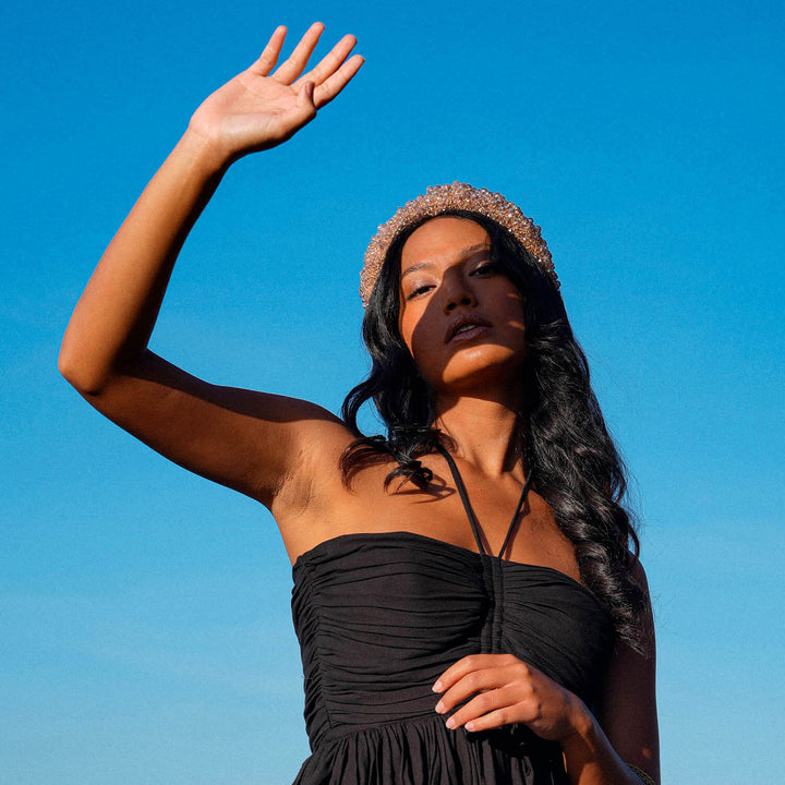 Crown Glass Crystal Beads Headband - Champagne Beige