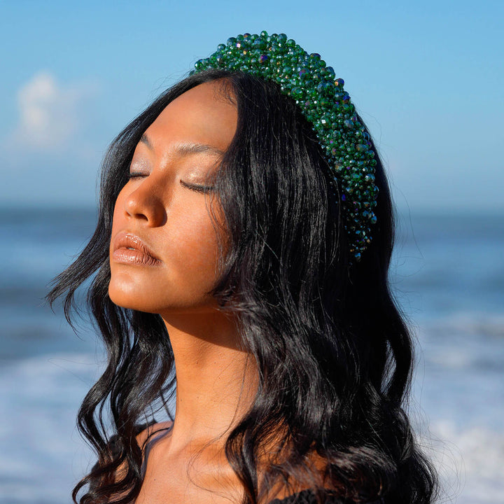 Crown Glass Crystal Beads Headband - Emerald Green