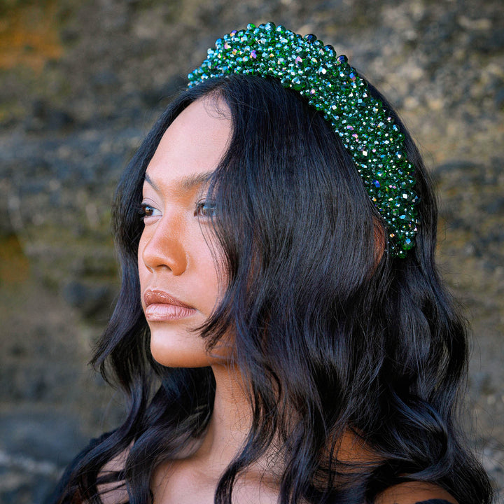 Crown Glass Crystal Beads Headband - Emerald Green