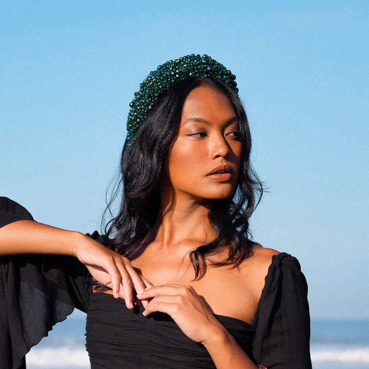 Crown Glass Crystal Beads Headband - Emerald Green