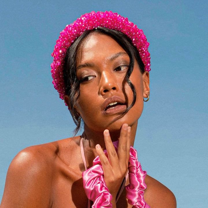 Crown Glass Crystal Beads Headband - Shocking Pink