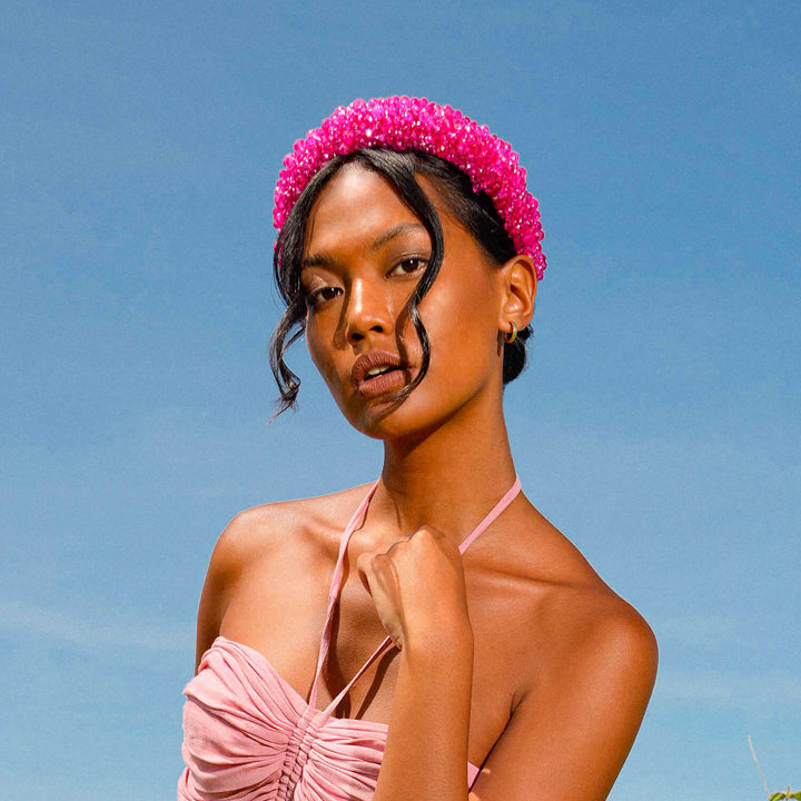 Crown Glass Crystal Beads Headband - Shocking Pink