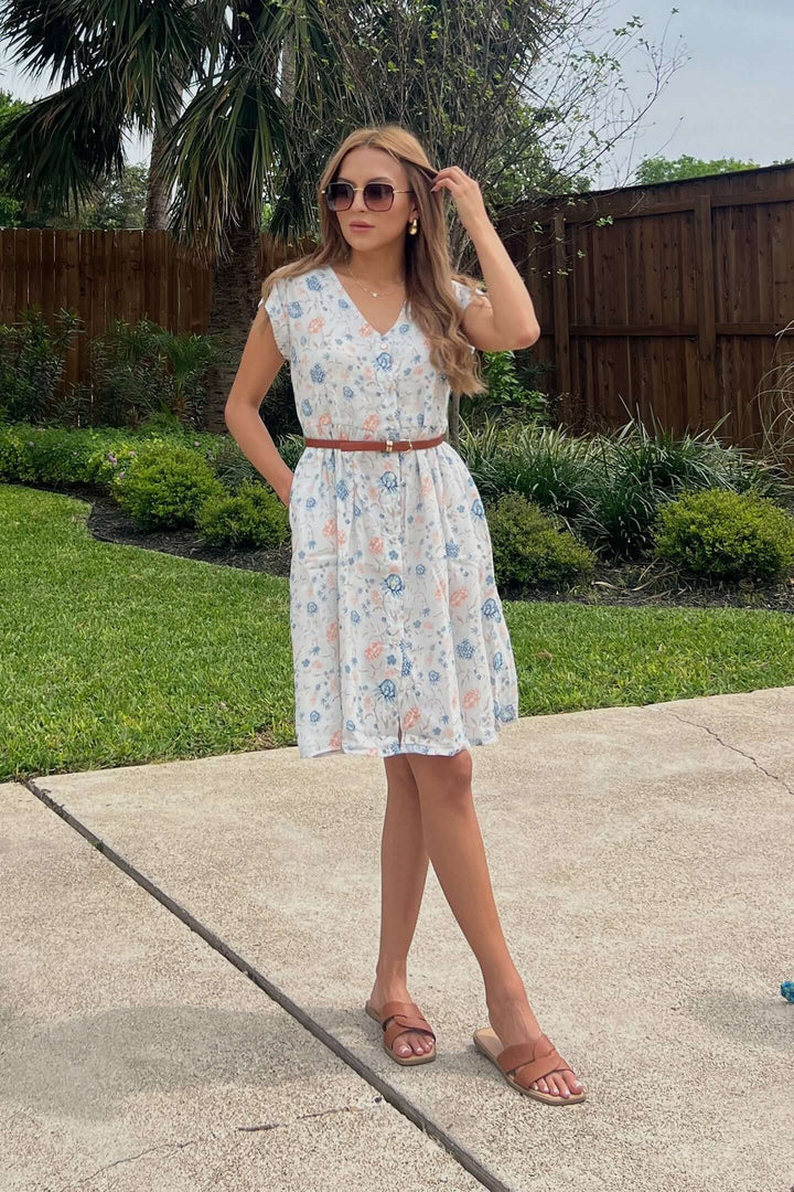 Cap Sleeved Short Dress - Florals