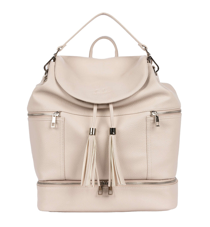 Citi Journey vegan leather diaper bag in pearl color with tassel details, combining style and function in a sleek design.