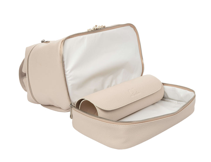 Open Citi Journey Vegan Leather Diaper Bag in Pearl with spacious inside view, showcasing stylish and functional design.