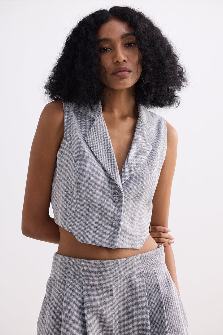 Cropped Cotton Tweed Vest Set | Grey