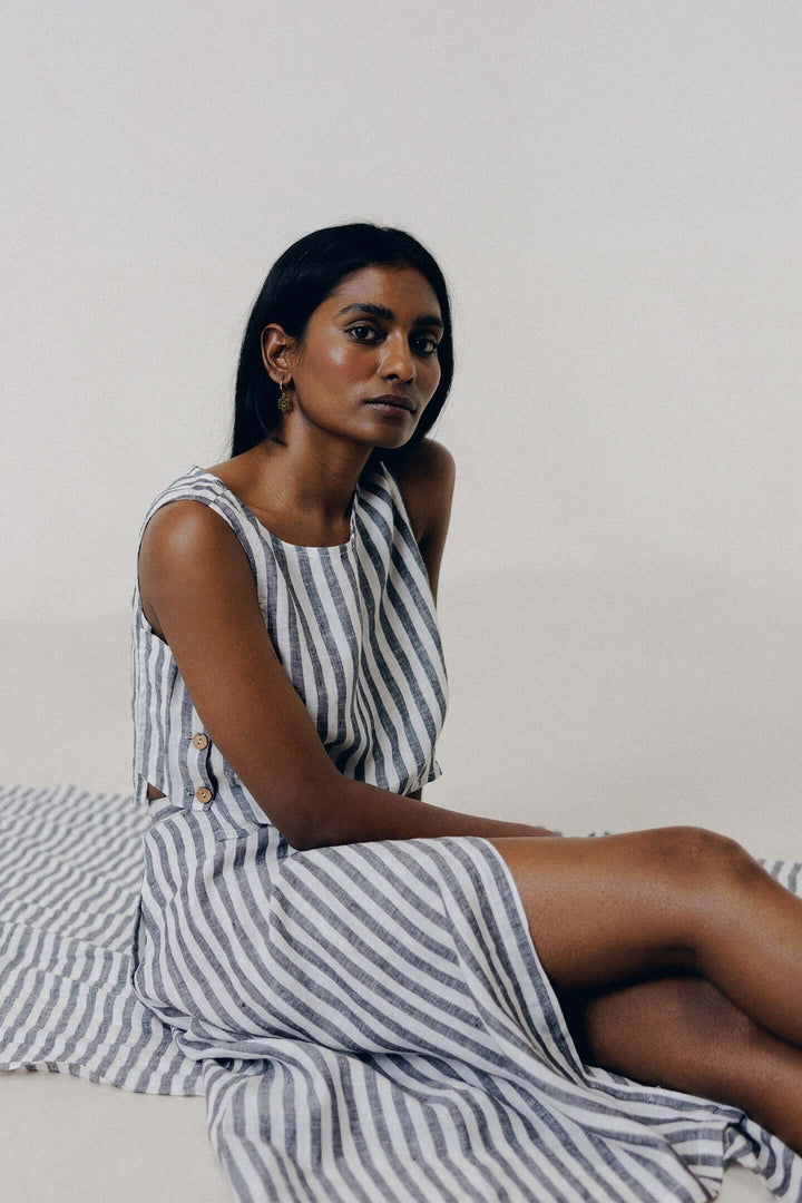 Overlap Midi Skirt - Linen Stripes