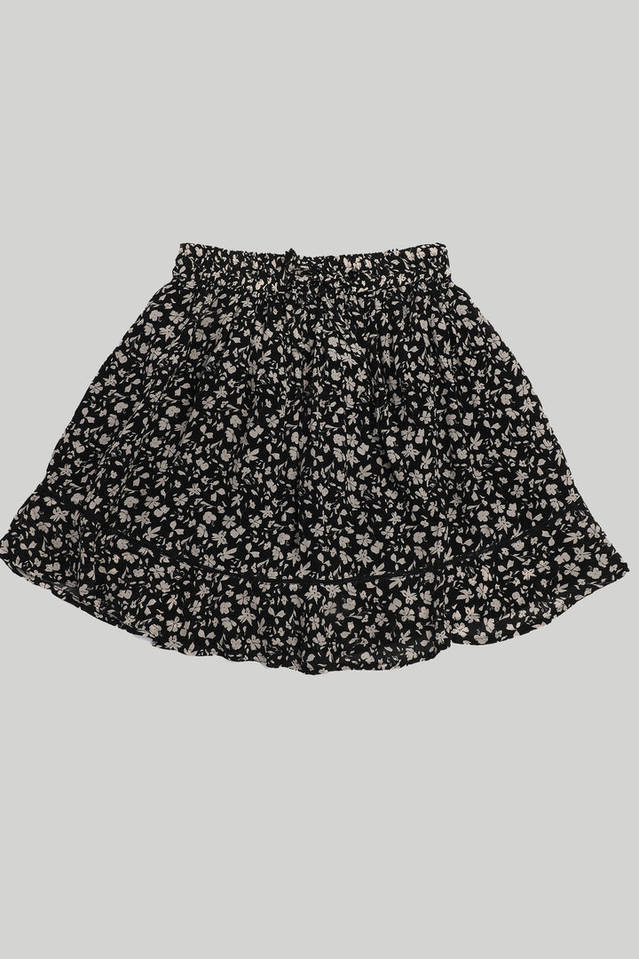 Drawstring Short Skirt - Black Floral
