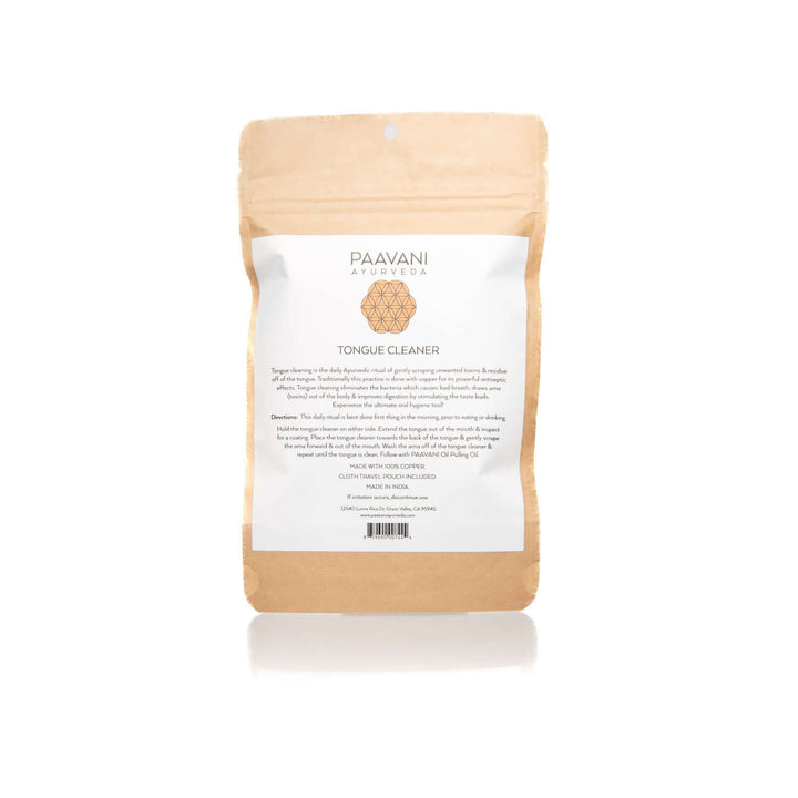 Paavani Ayurveda copper tongue cleaner packaging, an Ayurvedic tool for oral hygiene that aids in toxin removal and fresh breath.