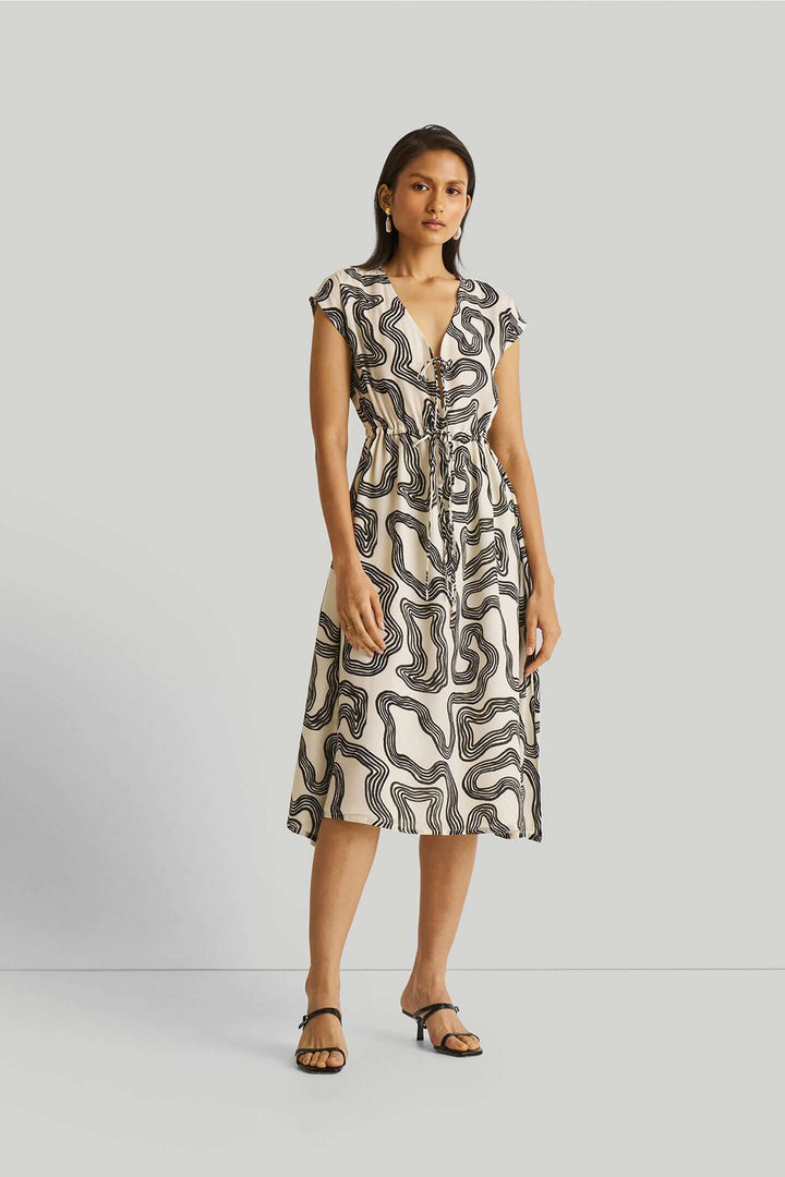 Deep V-neck Gathered Dress - Black Stripes