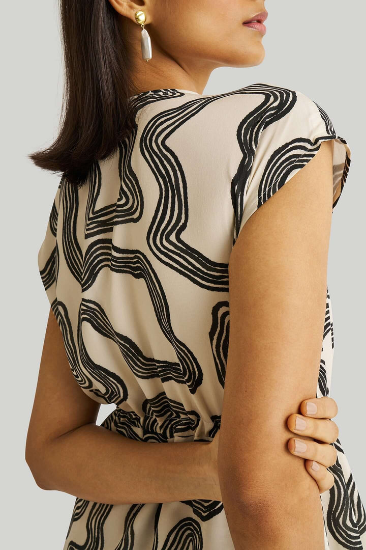 Deep V-neck Gathered Dress - Black Stripes