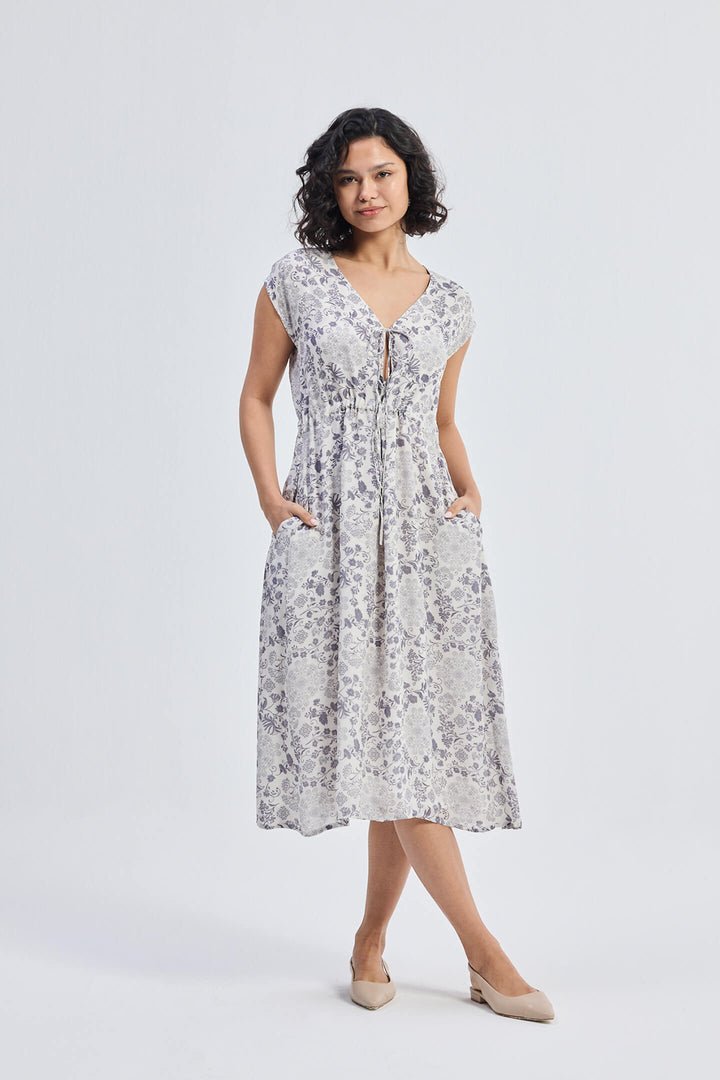 Deep V-Neck Gathered Dress | Florals