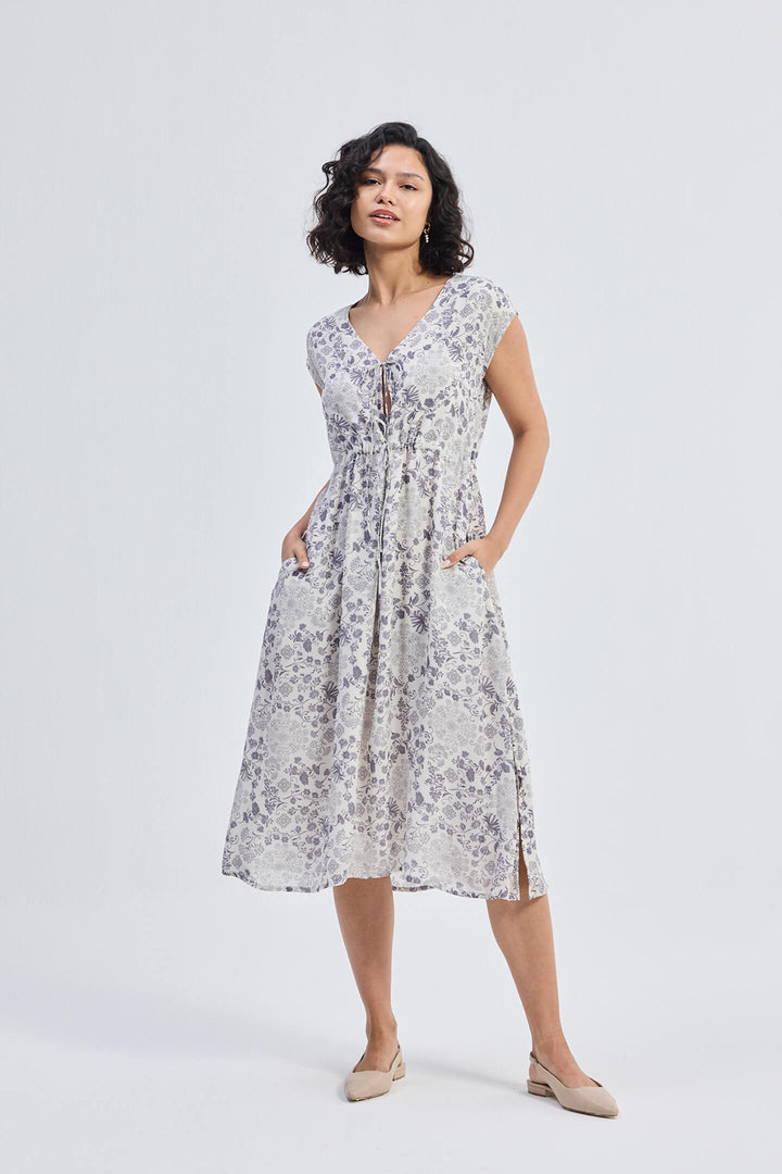 Deep V-Neck Gathered Dress | Florals