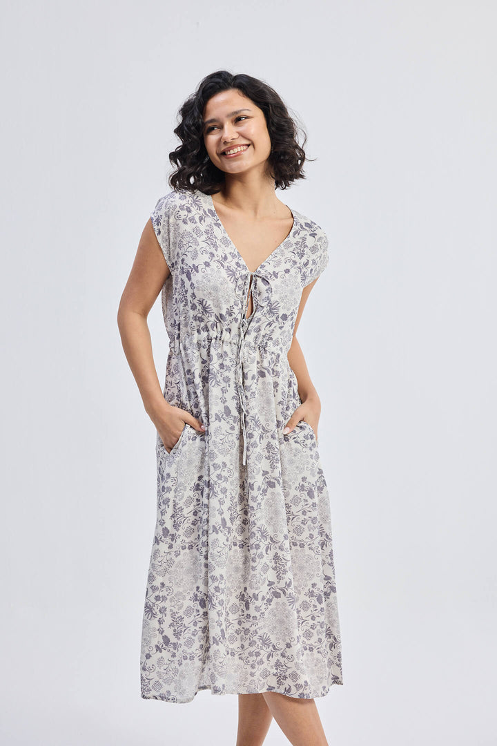 Deep V-Neck Gathered Dress | Florals