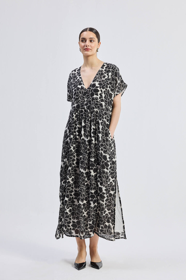 Deep V-neck Maxi Dress with Front Gathers | Black Florals