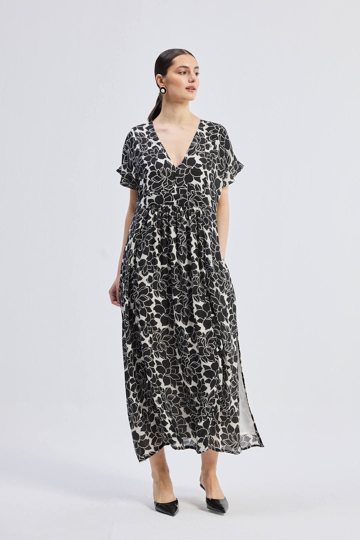 Deep V-neck Maxi Dress with Front Gathers | Black Florals