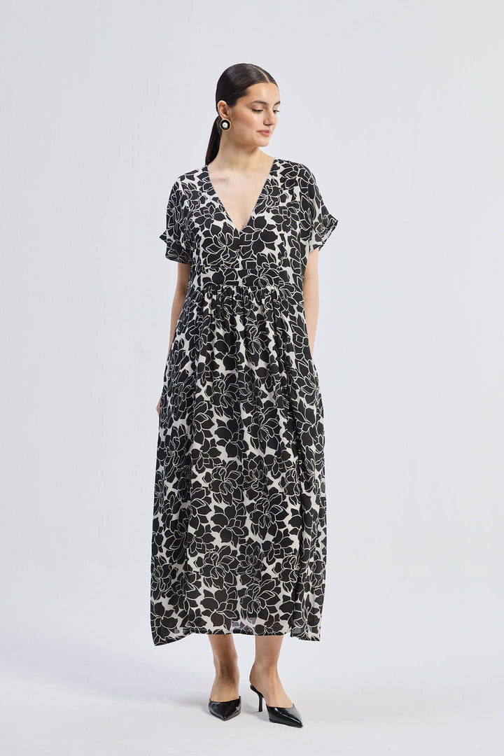 Deep V-neck Maxi Dress with Front Gathers | Black Florals