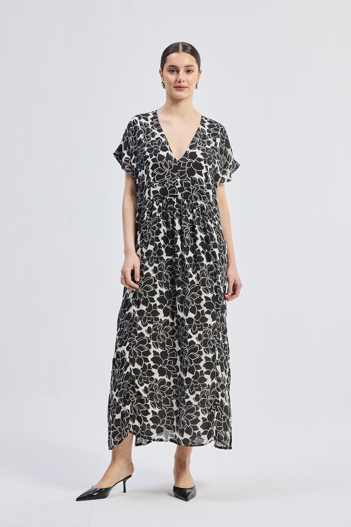 Deep V-neck Maxi Dress with Front Gathers | Black Florals