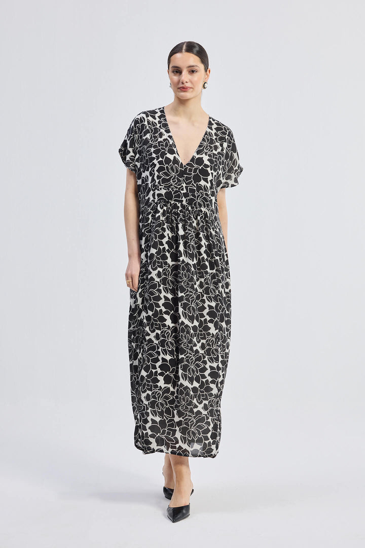 Deep V-neck Maxi Dress with Front Gathers | Black Florals