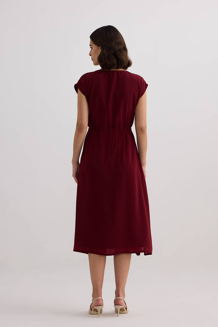 Deep V-Neck Gathered Dress | Burgundy