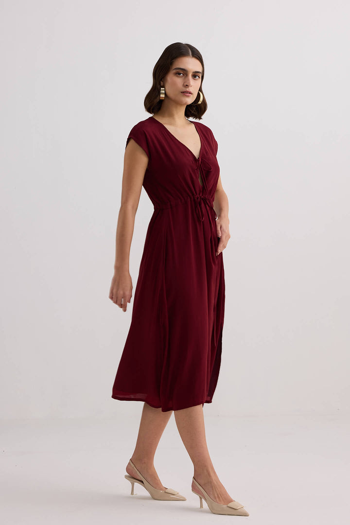 Deep V-Neck Gathered Dress | Burgundy